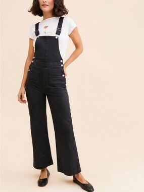 Free People Black Denim Wide-Leg Overalls